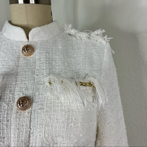 Luxdress Chunky Chain Fringe Button Front Long Sleeve Tweed Mini Dress - Picture 4 of 10